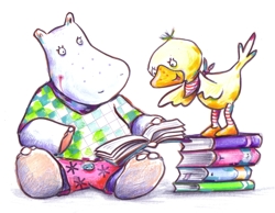 Nilpferddame Polli und Enterich Olli, die Kinderbibliotheksmaskottchen, lesen gemeinsam in Kinderbüchern.